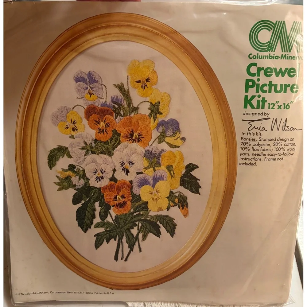 Vintage 1976 Columbia-Minerva Erica Wilson Pansies Crewel Picture Kit 12x16 7354